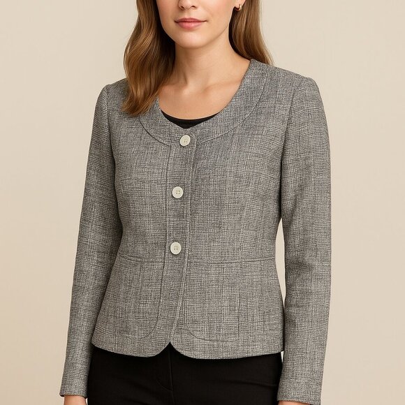 Linda Allard Ellen Tracy Tweed Blazer Jacket Black White Linen Cotton Size 10 - Picture 1 of 5